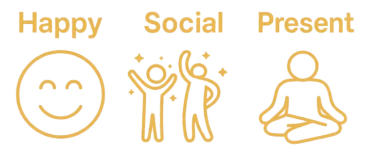 Happy Social Present icons showing smiley face, celebrating figures, and meditation pose